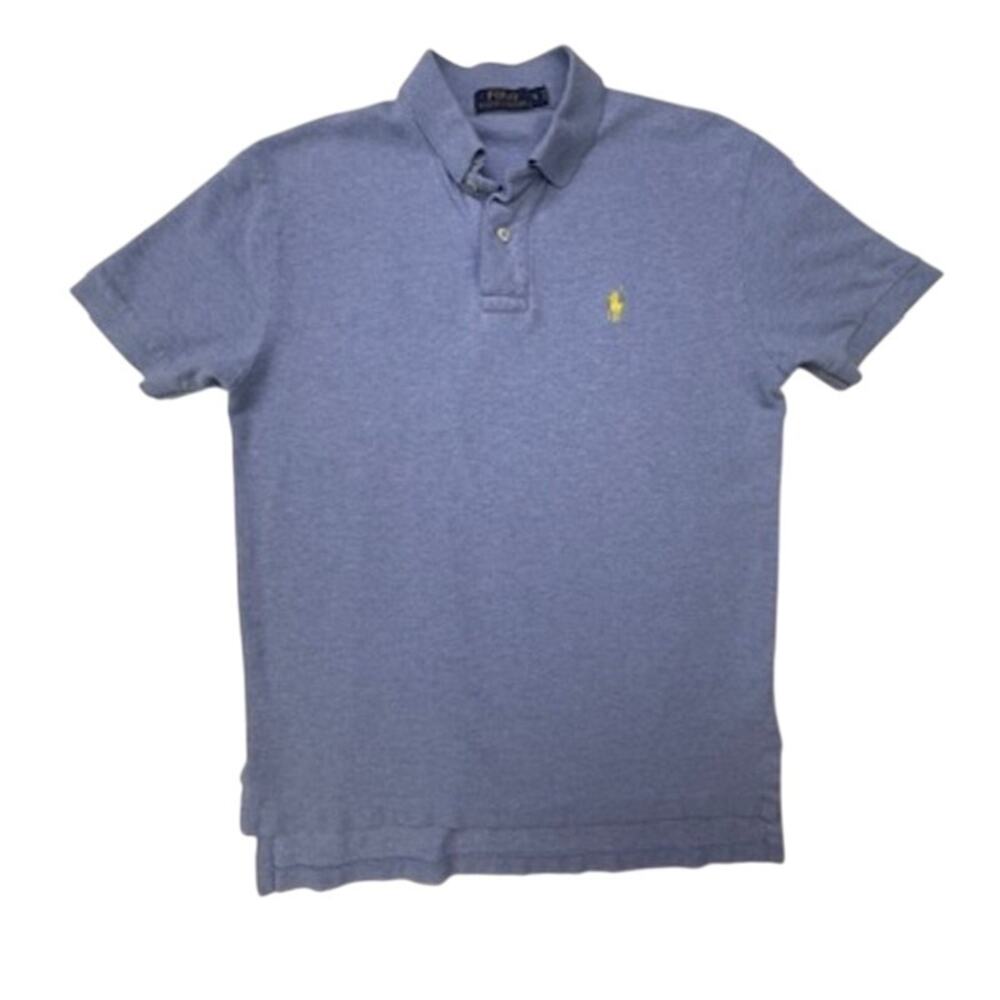 VTG Polo Ralph Lauren Blue Cotton Knit Polo Shirt Yellow Logo Men’s Size Small